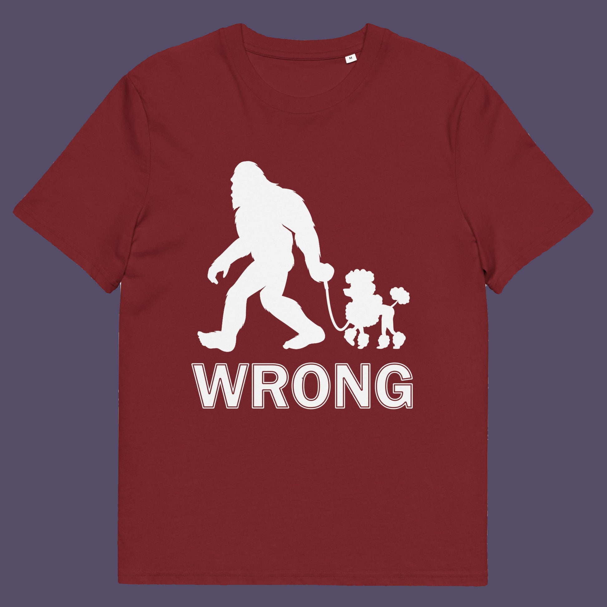 Burgundy t-shirt. A funny Bigfoot t-shirt questioning the limits of acceptability. A poodle will never be the dog of choice for the Bigfoot. However open minded you are there are some things that will never look right. Made from 100% organic ring-spun cotton, this bigfoot t-shirt is unisex, high-quality, super comfy, and best of all, eco-friendly.