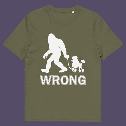 Khaki t-shirt. A funny Bigfoot t-shirt questioning the limits of acceptability. A poodle will never be the dog of choice for the Bigfoot. However open minded you are there are some things that will never look right. Made from 100% organic ring-spun cotton, this bigfoot t-shirt is unisex, high-quality, super comfy, and best of all, eco-friendly.