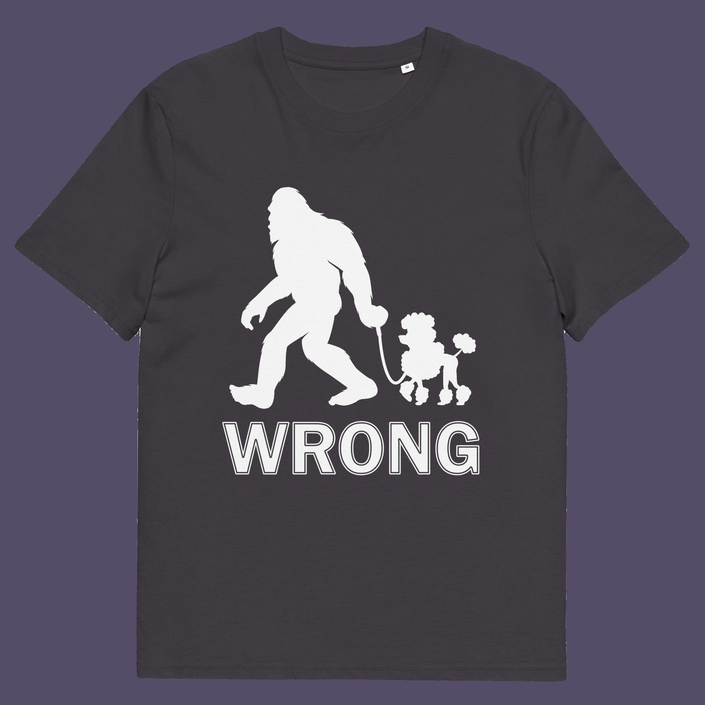 Anthracite t-shirt. A funny Bigfoot t-shirt questioning the limits of acceptability. A poodle will never be the dog of choice for the Bigfoot. However open minded you are there are some things that will never look right. Made from 100% organic ring-spun cotton, this funny bigfoot t shirt is unisex, high-quality, super comfy, and best of all, eco-friendly.