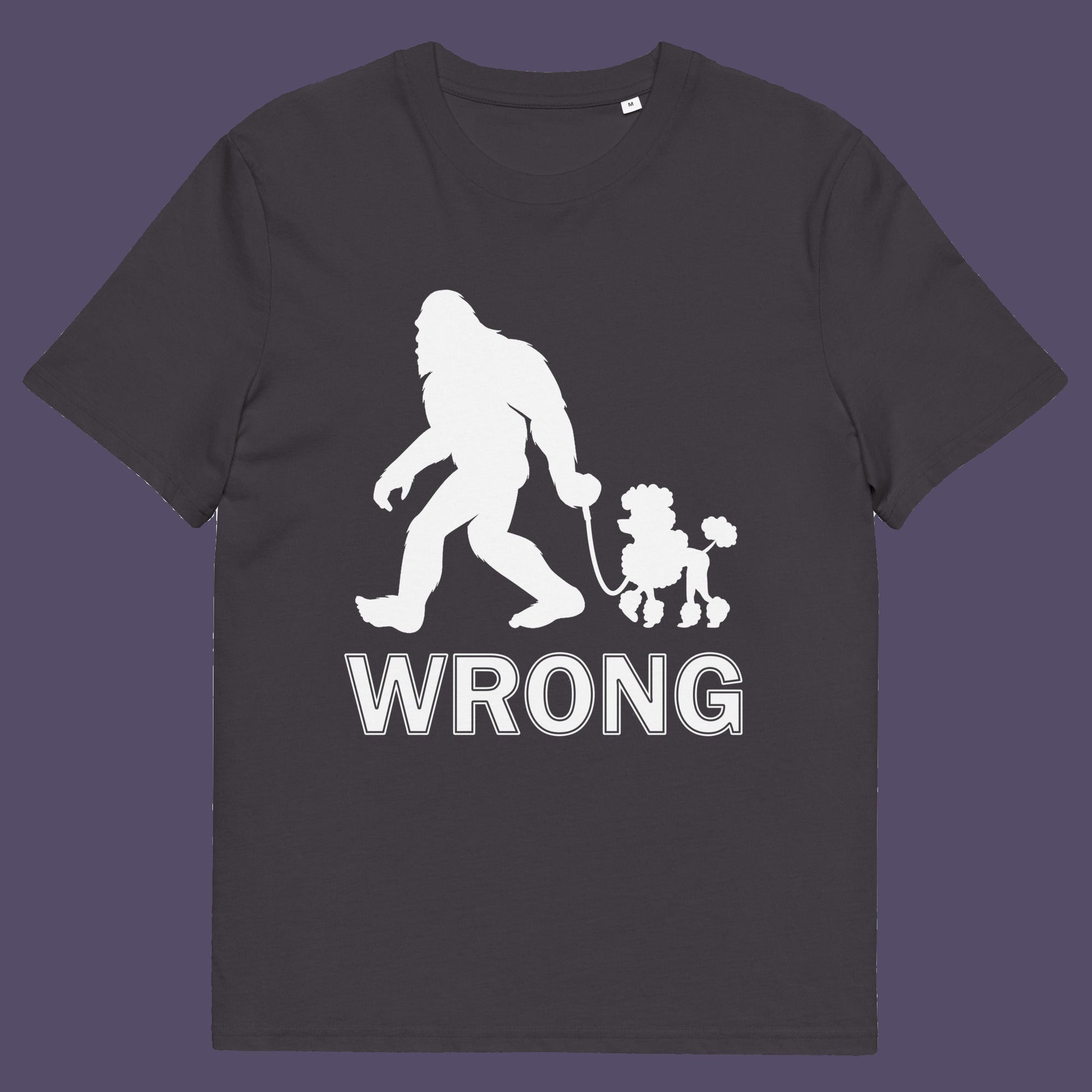 Anthracite t-shirt. A funny Bigfoot t-shirt questioning the limits of acceptability. A poodle will never be the dog of choice for the Bigfoot. However open minded you are there are some things that will never look right. Made from 100% organic ring-spun cotton, this funny bigfoot t shirt is unisex, high-quality, super comfy, and best of all, eco-friendly.