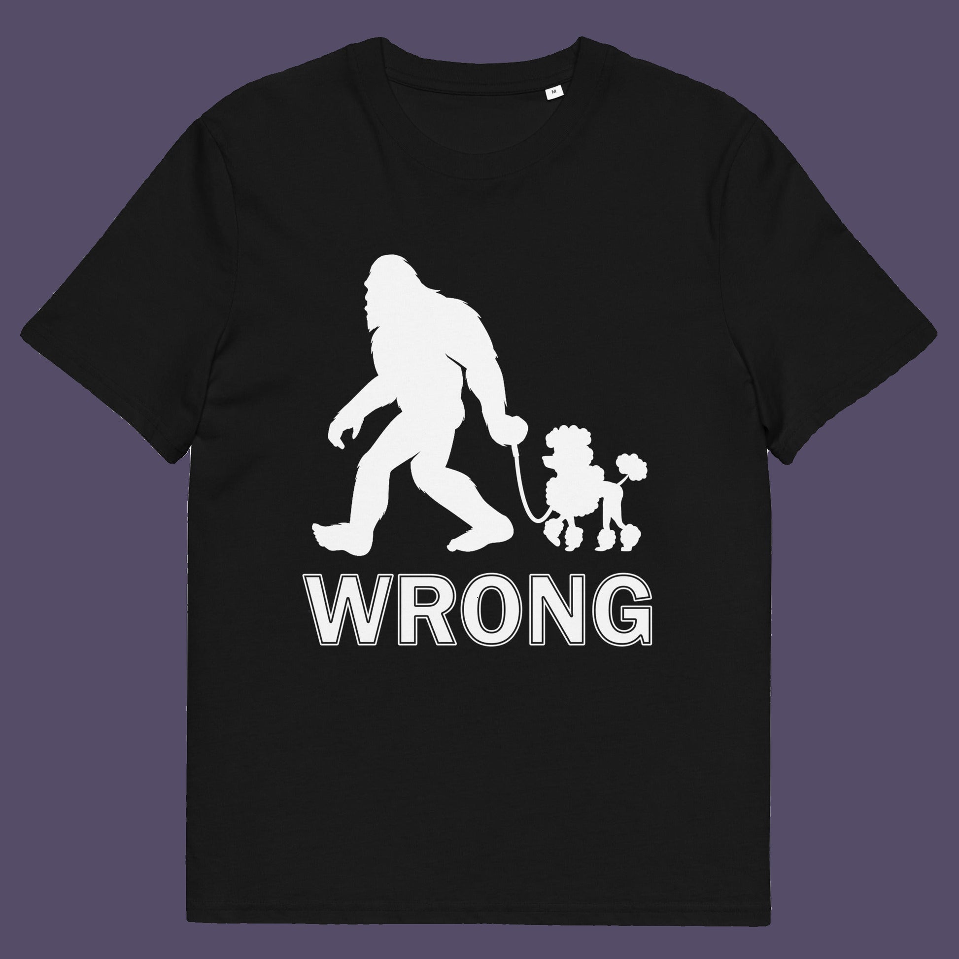 Black t-shirt. A funny Bigfoot t-shirt questioning the limits of acceptability. A poodle will never be the dog of choice for the Bigfoot. However open minded you are there are some things that will never look right. Made from 100% organic ring-spun cotton, this funny bigfoot t shirt is unisex, high-quality, super comfy, and best of all, eco-friendly.
