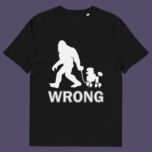 Black t-shirt. A funny Bigfoot t-shirt questioning the limits of acceptability. A poodle will never be the dog of choice for the Bigfoot. However open minded you are there are some things that will never look right. Made from 100% organic ring-spun cotton, this funny bigfoot t shirt is unisex, high-quality, super comfy, and best of all, eco-friendly.
