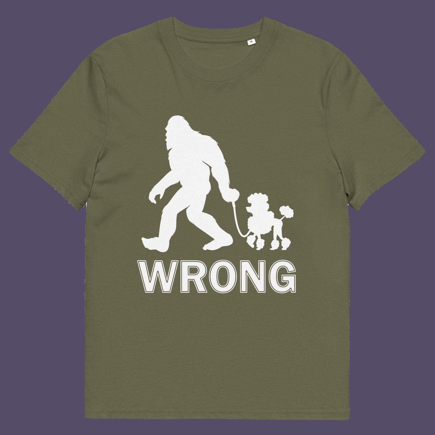 Khaki t-shirt. A funny Bigfoot t-shirt questioning the limits of acceptability. A poodle will never be the dog of choice for the Bigfoot. However open minded you are there are some things that will never look right. Made from 100% organic ring-spun cotton, this funny bigfoot t shirt is unisex, high-quality, super comfy, and best of all, eco-friendly.