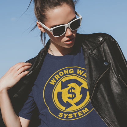 Person wearing a blue t-shirt with a yellow graphic design against a clear blue sky. A political t-shirt in the form of a road sign reminder that it's possibly not been the best idea to build our society around money. Wrong direction, change the system ! Made from 100% organic ring-spun cotton, this social awareness political t-shirt is unisex, high-quality, super comfy, and best of all, eco-friendly. A great choice for an anti-capitalist socio-economic demonstration.