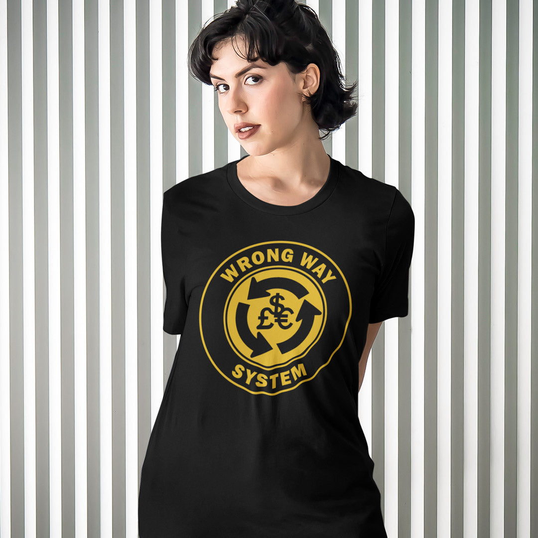 Person wearing a black t-shirt with a yellow graphic design against a striped background. A non conformist t shirt in the form of a road sign reminder that it's possibly not been the best idea to build our society around money. Wrong direction, change the system ! Made from 100% organic ring-spun cotton, this social awareness t shirt is unisex, high-quality, super comfy, and best of all, eco-friendly. A great choice for an anti capitalist socio economic demonstration.