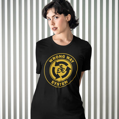 Person wearing a black t-shirt with a yellow graphic design against a striped background. A non conformist t shirt in the form of a road sign reminder that it's possibly not been the best idea to build our society around money. Wrong direction, change the system ! Made from 100% organic ring-spun cotton, this social awareness t shirt is unisex, high-quality, super comfy, and best of all, eco-friendly. A great choice for an anti capitalist socio economic demonstration.