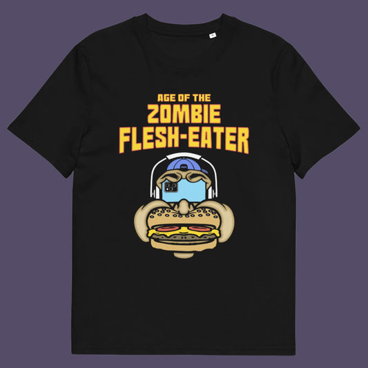 Black t-shirt. This funny vegetarian t-shirt design plays on the interpretation of a late 70's B rate movie. As a modern day vegan surrounded by people hypnotised on their mobile phone while eating meat based fast food, you may be forgiven for thinking you are living in the age of the zombie flesh-eater. Made from 100% organic ring-spun cotton, this meat free t shirt design is unisex, high-quality, super comfy, and best of all, eco-friendly.