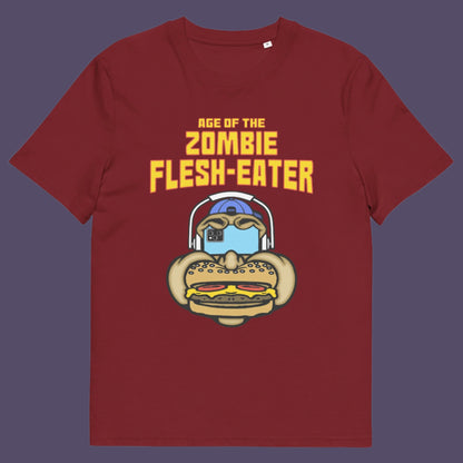 Burgundy t shirt. This funny vegetarian t-shirt design plays on the interpretation of a late 70's B rate movie. As a modern day vegan surrounded by people hypnotised on their mobile phone while eating meat based fast food, you may be forgiven for thinking you are living in the age of the zombie flesh-eater. Made from 100% organic ring-spun cotton, this meat free t shirt design is unisex, high-quality, super comfy, and best of all, eco-friendly.