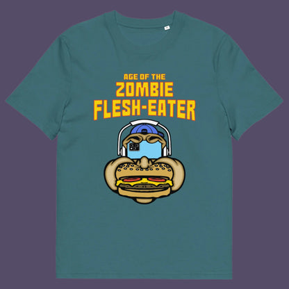 Stargazer t shirt. This funny vegetarian t-shirt design plays on the interpretation of a late 70's B rate movie. As a modern day vegan surrounded by people hypnotised on their mobile phone while eating meat based fast food, you may be forgiven for thinking you are living in the age of the zombie flesh-eater. Made from 100% organic ring-spun cotton, this meat free t shirt design is unisex, high-quality, super comfy, and best of all, eco-friendly.