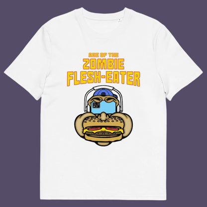 White t shirt. This funny vegetarian t-shirt design plays on the interpretation of a late 70's B rate movie. As a modern day vegan surrounded by people hypnotised on their mobile phone while eating meat based fast food, you may be forgiven for thinking you are living in the age of the zombie flesh-eater. Made from 100% organic ring-spun cotton, this meat free t shirt design is unisex, high-quality, super comfy, and best of all, eco-friendly.