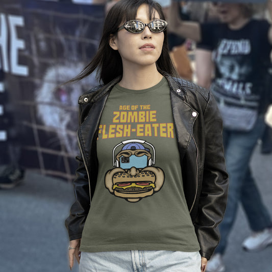 Woman at demo. This funny plant based t shirt design plays on the interpretation of a late 70's B rate movie. As a modern day vegan or vegetarian surrounded by people hypnotised on their mobile phone while eating meat based fast food, you may be forgiven for thinking you are living in the age of the zombie flesh-eater. Made from 100% organic ring-spun cotton, this meat free t shirt design is unisex, high-quality, super comfy, and best of all, eco-friendly.
