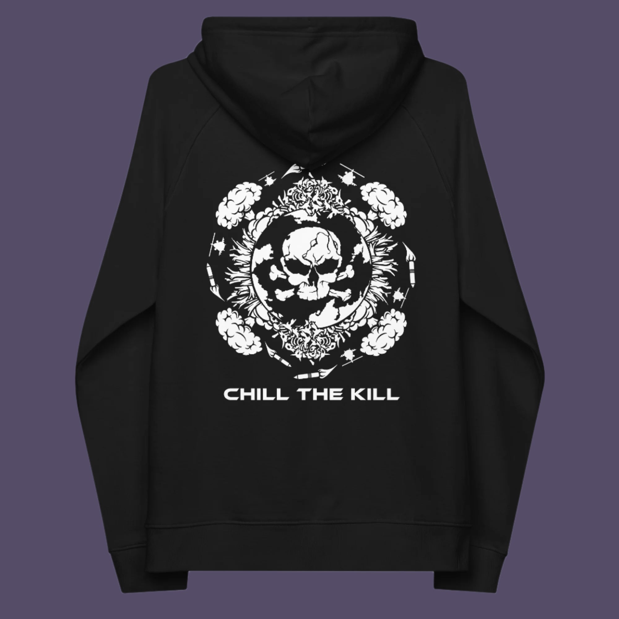 One in a series of designs about environmental issues. This one highlighting the amount of death and destruction we create as a species. Comfortable and practical. It's extra soft and has a convenient front pouch pocket. Made from organic cotton and recycled polyester, this political hoodie is a great eco-friendly choice.