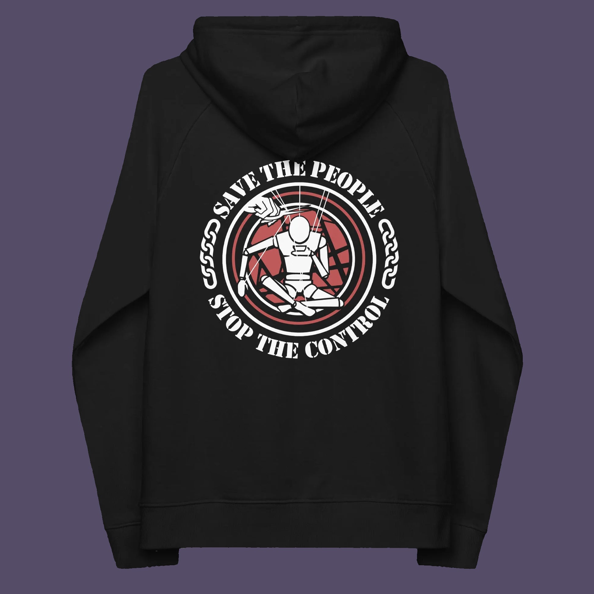 Black hoodie back. This save the people hoodie carries an anti-dictatorship message and encourages independent thought and social awareness. A unique design promoting freedom of choice and a less controlling government. Comfortable and practical. It's extra soft and has a convenient front pouch pocket. Made from organic cotton and recycled polyester, this civil liberties hoodie is a great eco-friendly choice.