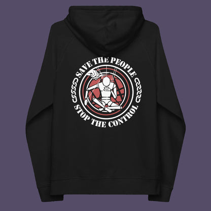 Black hoodie back. This save the people hoodie carries an anti-dictatorship message and encourages independent thought and social awareness. A unique design promoting freedom of choice and a less controlling government. Comfortable and practical. It's extra soft and has a convenient front pouch pocket. Made from organic cotton and recycled polyester, this civil liberties hoodie is a great eco-friendly choice.
