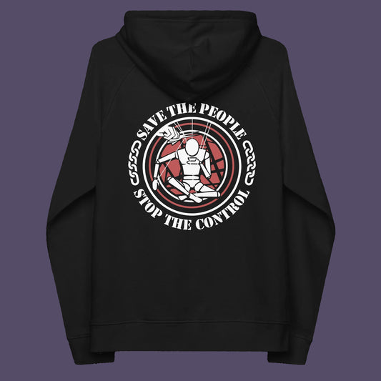 Black hoodie back. This save the people hoodie carries an anti-dictatorship message and encourages independent thought and social awareness. A unique design promoting freedom of choice and a less controlling government. Comfortable and practical. It's extra soft and has a convenient front pouch pocket. Made from organic cotton and recycled polyester, this civil liberties hoodie is a great eco-friendly choice.