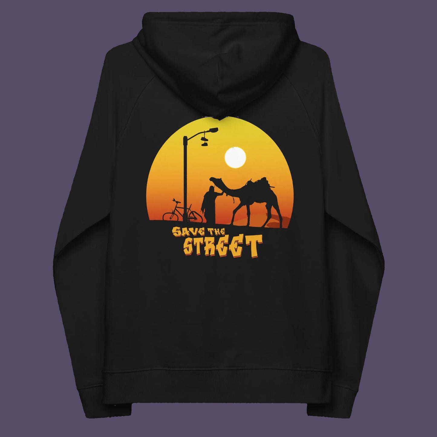 Black hoodie back. This street art inspired hoodie design represents inner city street life as a culture of it's own. There is a ground level reality mixed with trustworthy honestly at street level in towns and cities across the planet. Wherever you are in the world, may the street be with you. Comfortable and practical. It's extra soft and has a convenient front pouch pocket. Made from organic cotton and recycled polyester, this street art hoodie is a great eco-friendly choice.