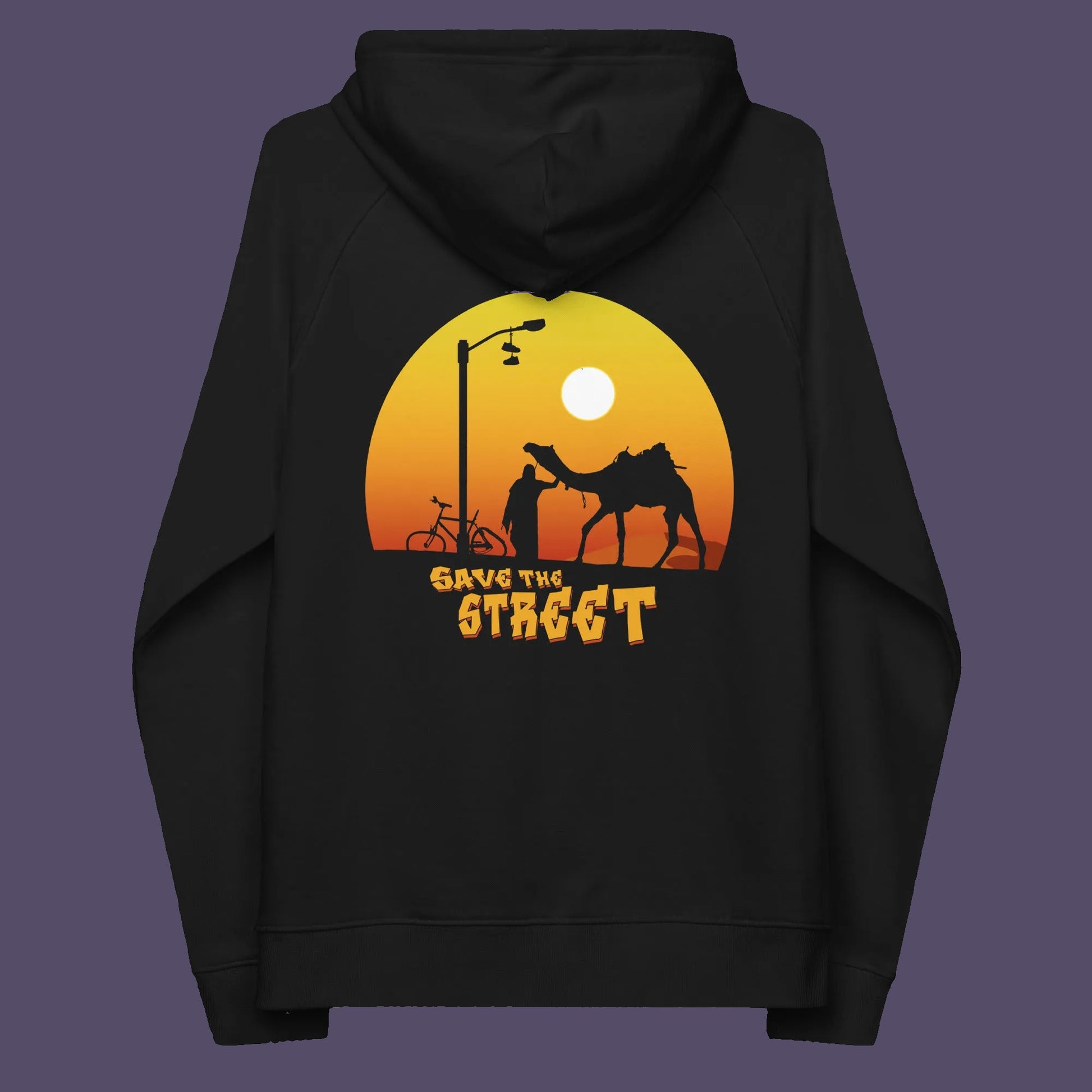 Black hoodie back. This street art inspired hoodie design represents inner city street life as a culture of it's own. There is a ground level reality mixed with trustworthy honestly at street level in towns and cities across the planet. Wherever you are in the world, may the street be with you. Comfortable and practical. It's extra soft and has a convenient front pouch pocket. Made from organic cotton and recycled polyester, this street art hoodie is a great eco-friendly choice.