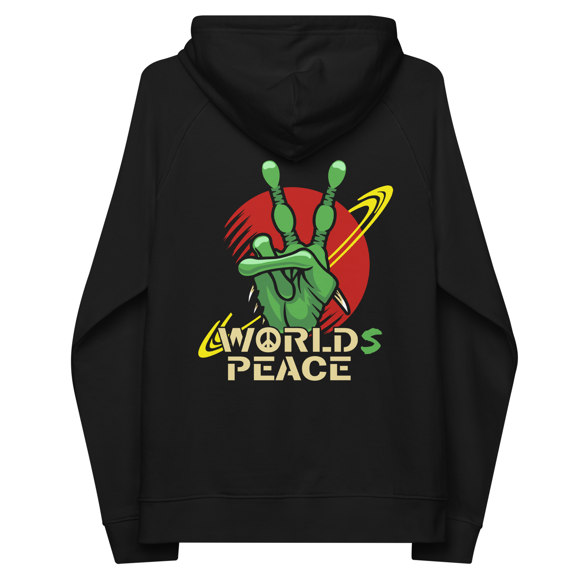 Black hoodie back. A world peace hoodie design with an alien lovers twist. When we think of world peace lets not be selfish about it., lets include all Worlds. Comfortable and practical. It's extra soft and has a convenient front pouch pocket. Made from organic cotton and recycled polyester, this funny alien hoodie is the perfect eco-friendly choice.