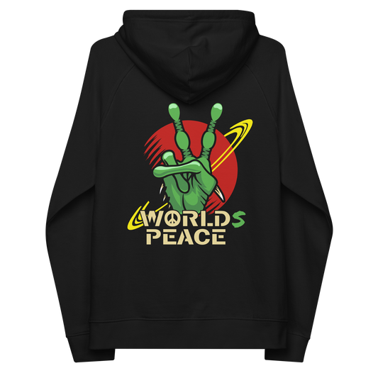 Black hoodie back. A world peace hoodie design with an alien lovers twist. When we think of world peace lets not be selfish about it., lets include all Worlds. Comfortable and practical. It's extra soft and has a convenient front pouch pocket. Made from organic cotton and recycled polyester, this funny alien hoodie is the perfect eco-friendly choice.