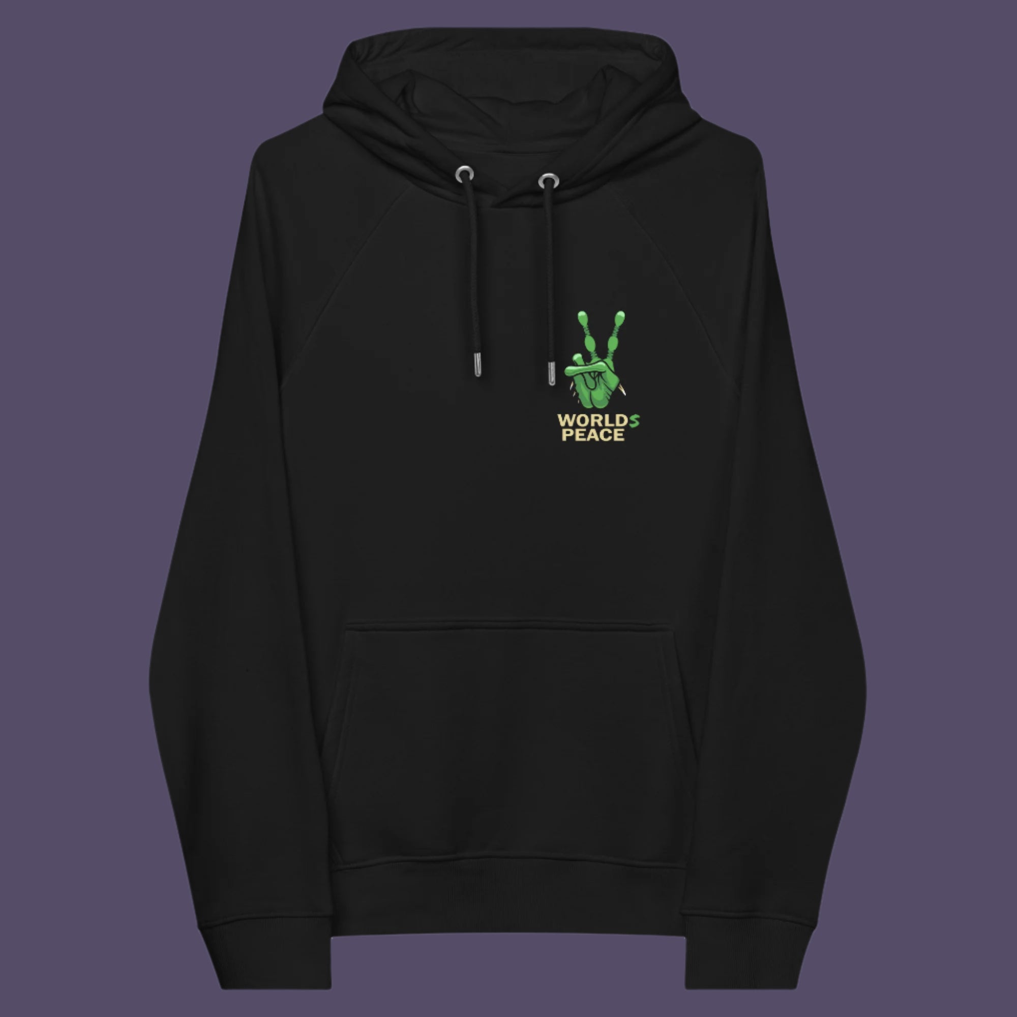 Lets not be selfish about peace. Show your commitment to harmony with this witty Alien Worlds Peace eco friendly Hoodie. Comfortable and practical. It's extra soft and has a convenient front pouch pocket. Made from organic cotton and recycled polyester, it's the perfect eco-friendly choice.