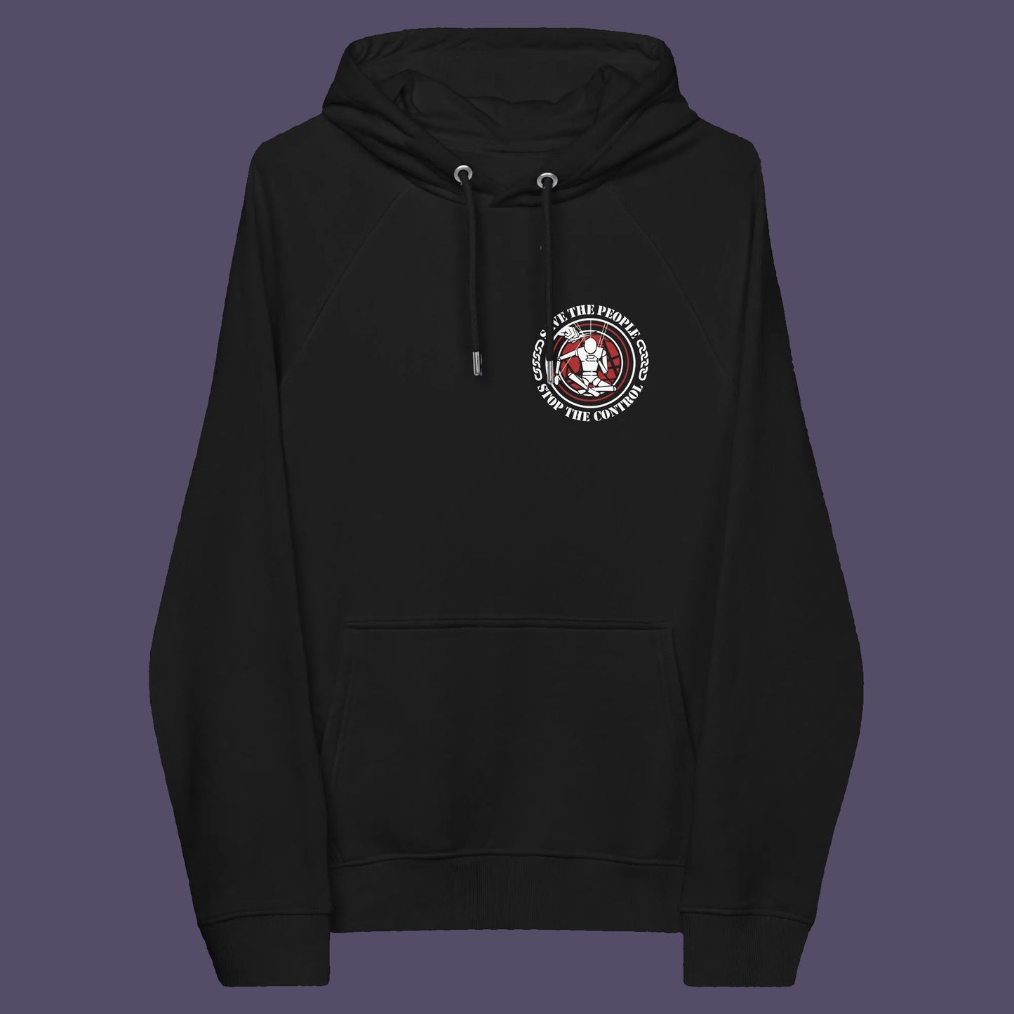 Black hoodie front. This save the people hoodie carries an anti-dictatorship message and encourages independent thought and social awareness. A unique design promoting freedom of choice and a less controlling government. Comfortable and practical. It's extra soft and has a convenient front pouch pocket. Made from organic cotton and recycled polyester, this civil liberties hoodie is a great eco-friendly choice.