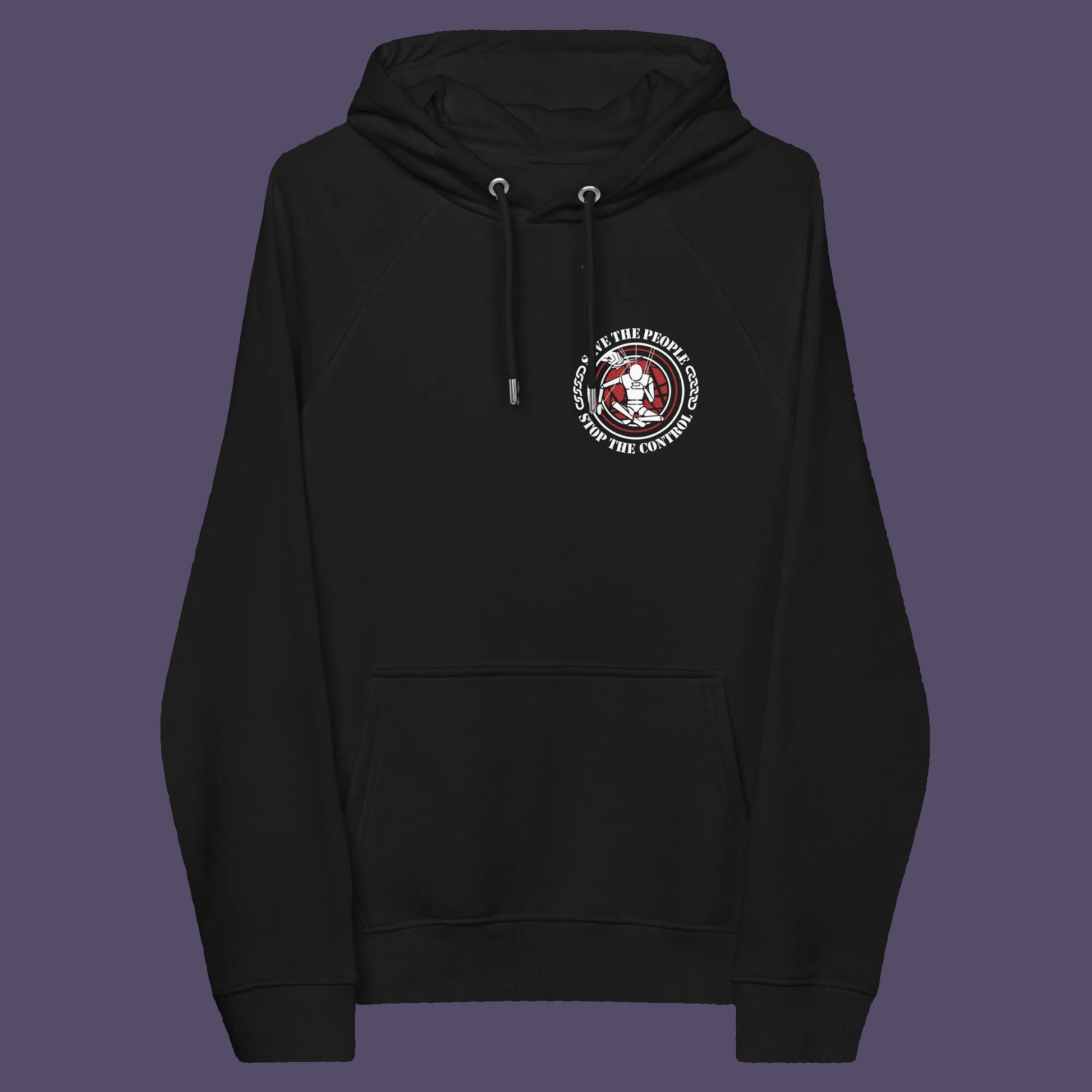 Black hoodie front. This save the people hoodie carries an anti-dictatorship message and encourages independent thought and social awareness. A unique design promoting freedom of choice and a less controlling government. Comfortable and practical. It's extra soft and has a convenient front pouch pocket. Made from organic cotton and recycled polyester, this civil liberties hoodie is a great eco-friendly choice.