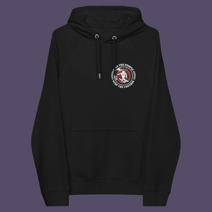 Black hoodie front. This save the people hoodie carries an anti-dictatorship message and encourages independent thought and social awareness. A unique design promoting freedom of choice and a less controlling government. Comfortable and practical. It's extra soft and has a convenient front pouch pocket. Made from organic cotton and recycled polyester, this civil liberties hoodie is a great eco-friendly choice.