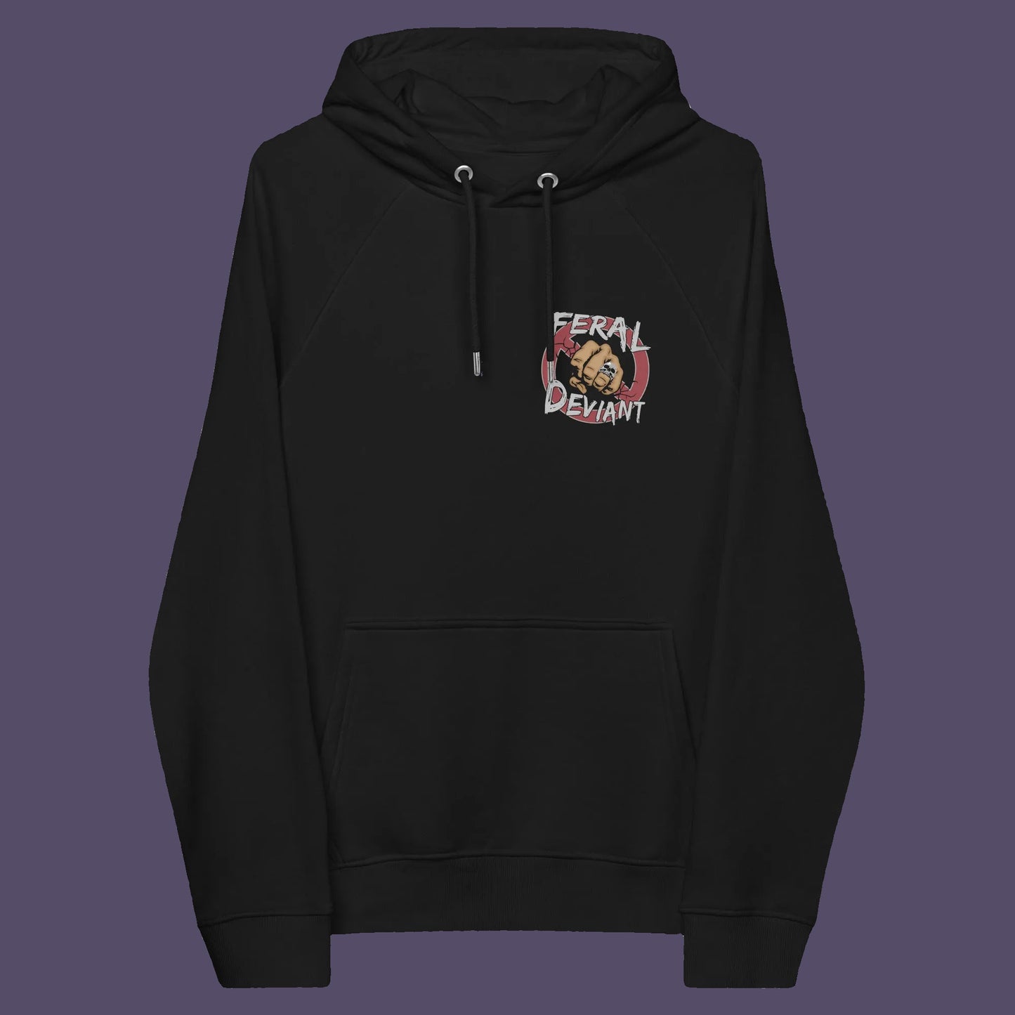 Black hoodie front. A non conformist hoodie for people who think boundaries stifle creativity, and rules are only guidelines. This alternative, anti establishment hoodie is perfect for any demonstration or protest march of your choice. Comfortable and practical. It's extra soft and has a convenient front pouch pocket. Made from organic cotton and recycled polyester, this street art inspired hoodie is a great eco-friendly choice.