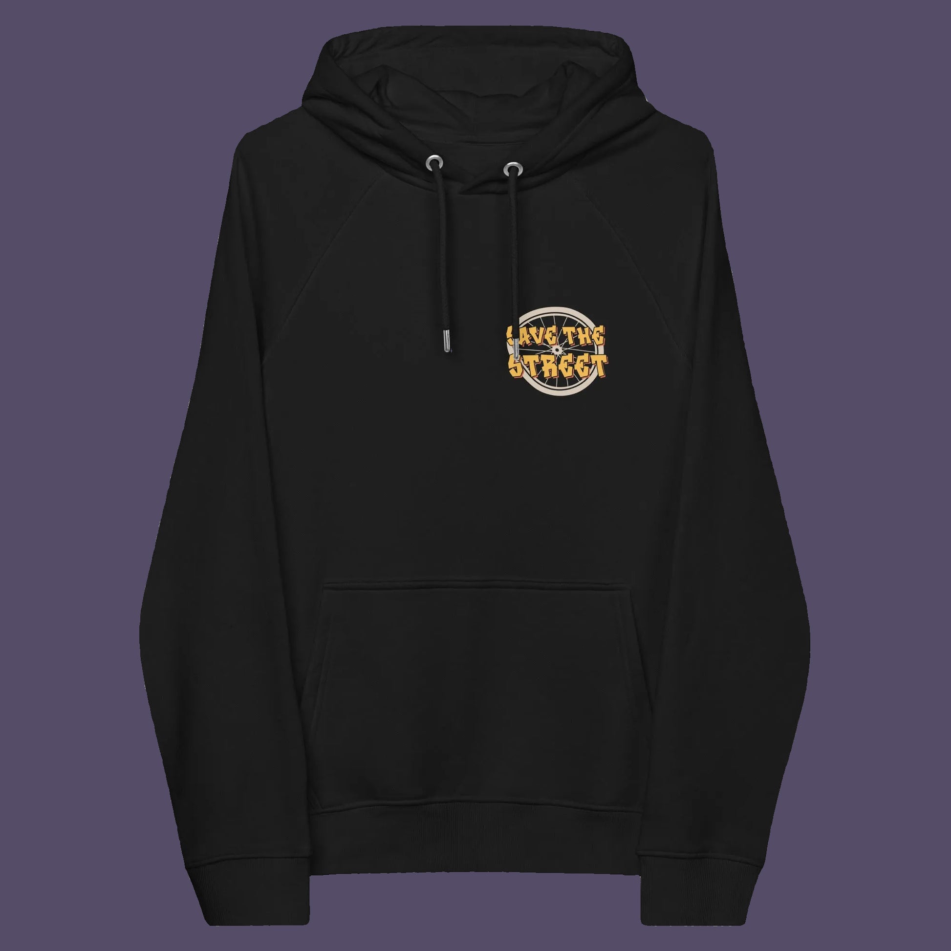 Black hoodie front. This street art inspired hoodie design represents inner city street life as a culture of it's own. There is a ground level reality mixed with trustworthy honestly at street level in towns and cities across the planet. Wherever you are in the world, may the street be with you. Comfortable and practical. It's extra soft and has a convenient front pouch pocket. Made from organic cotton and recycled polyester, this street art hoodie is a great eco-friendly choice.