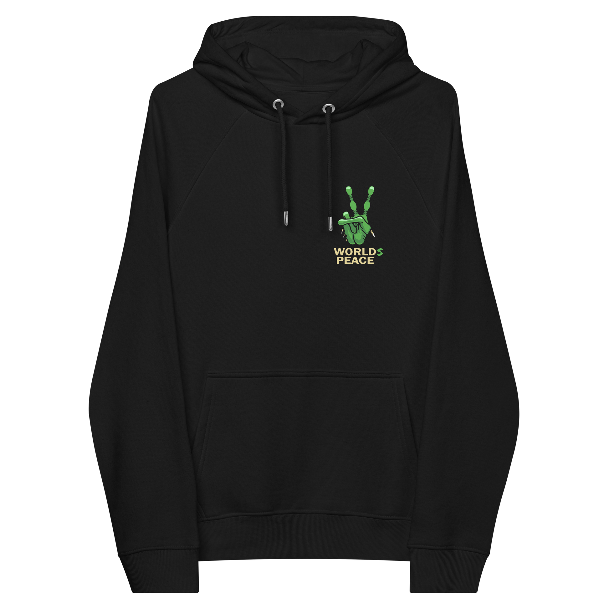 Black hoodie front. A world peace hoodie design with an alien lovers twist. When we think of world peace lets not be selfish about it., lets include all Worlds. Comfortable and practical. It's extra soft and has a convenient front pouch pocket. Made from organic cotton and recycled polyester, this funny alien hoodie is the perfect eco-friendly choice.