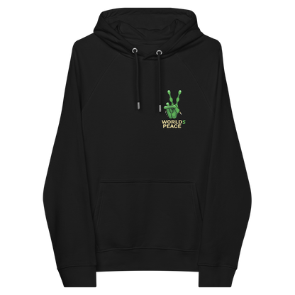 Black hoodie front. A world peace hoodie design with an alien lovers twist. When we think of world peace lets not be selfish about it., lets include all Worlds. Comfortable and practical. It's extra soft and has a convenient front pouch pocket. Made from organic cotton and recycled polyester, this funny alien hoodie is the perfect eco-friendly choice.