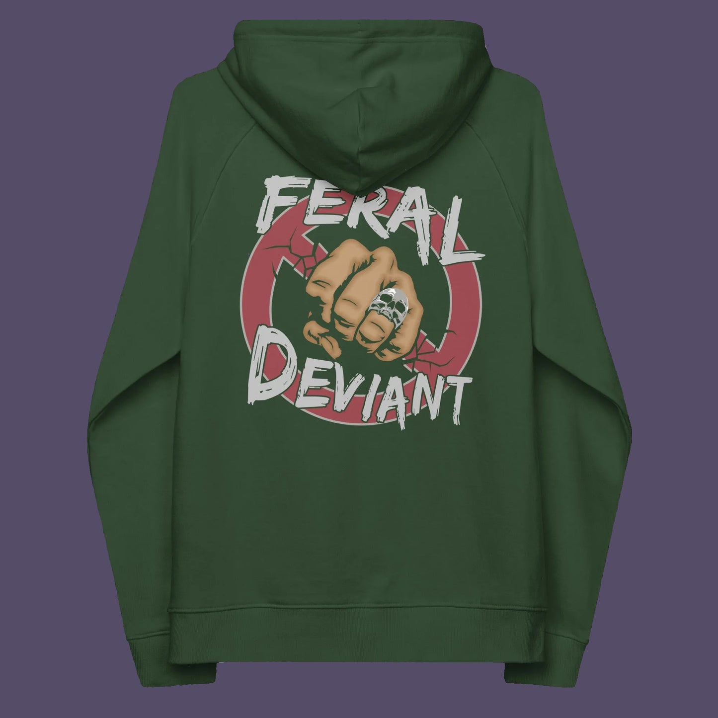 Bottle green hoodie back. A non conformist hoodie for people who think boundaries stifle creativity, and rules are only guidelines. This alternative, anti establishment hoodie is perfect for any demonstration or protest march of your choice. Comfortable and practical. It's extra soft and has a convenient front pouch pocket. Made from organic cotton and recycled polyester, this street art inspired hoodie is a great eco-friendly choice.