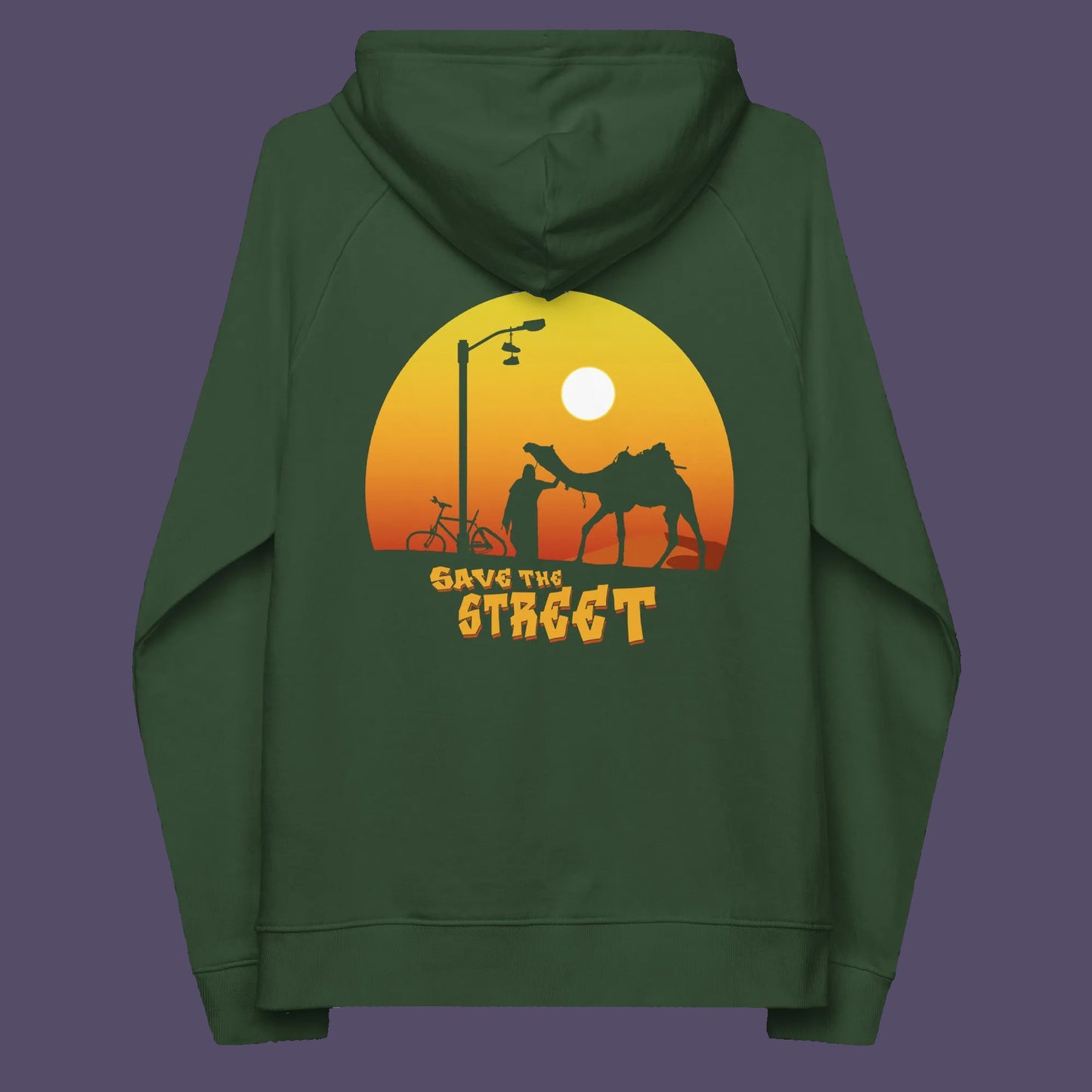 Bottle green hoodie back. This street art inspired hoodie design represents inner city street life as a culture of it's own. There is a ground level reality mixed with trustworthy honestly at street level in towns and cities across the planet. Wherever you are in the world, may the street be with you. Comfortable and practical. It's extra soft and has a convenient front pouch pocket. Made from organic cotton and recycled polyester, this street art hoodie is a great eco-friendly choice.