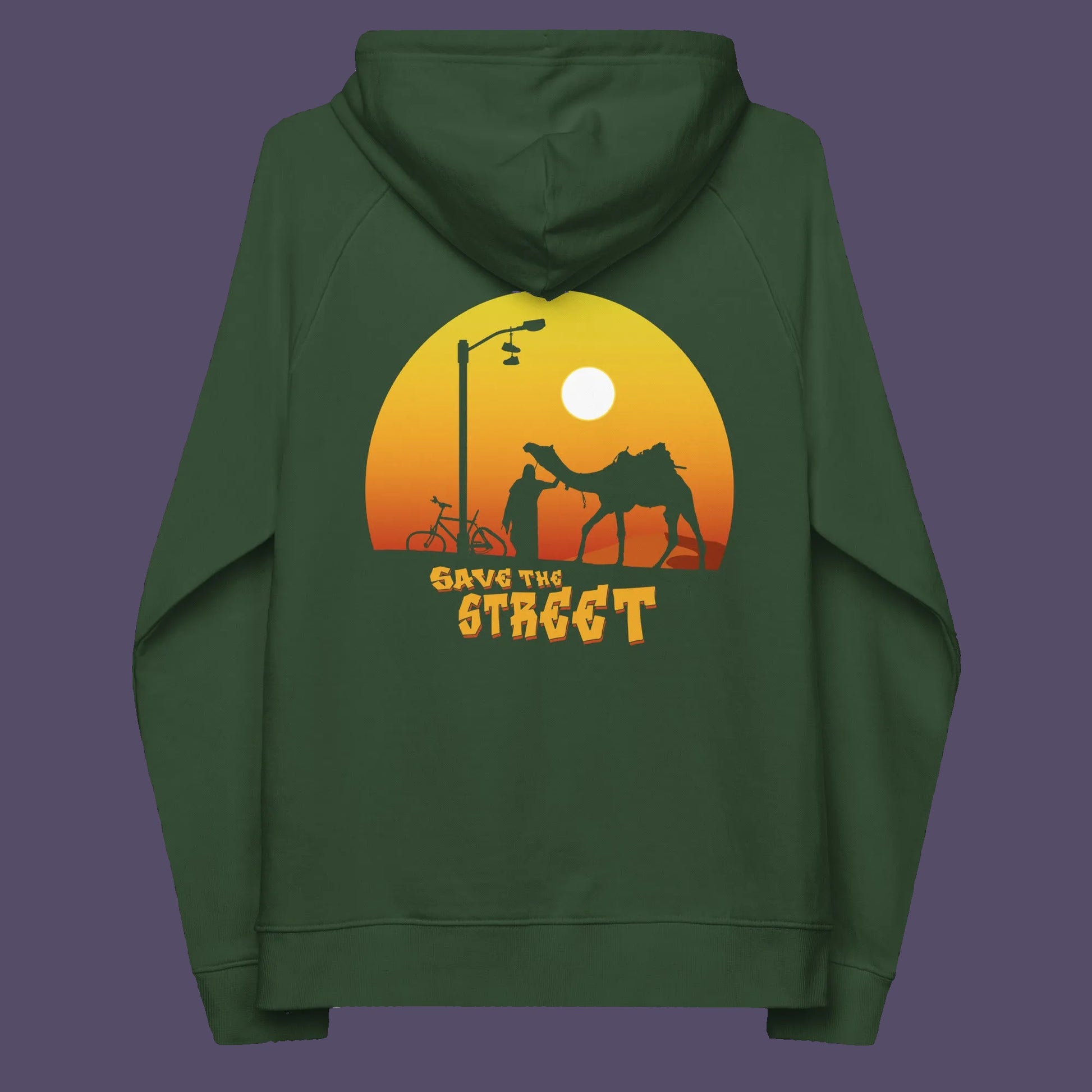 Bottle green hoodie back. This street art inspired hoodie design represents inner city street life as a culture of it's own. There is a ground level reality mixed with trustworthy honestly at street level in towns and cities across the planet. Wherever you are in the world, may the street be with you. Comfortable and practical. It's extra soft and has a convenient front pouch pocket. Made from organic cotton and recycled polyester, this street art hoodie is a great eco-friendly choice.