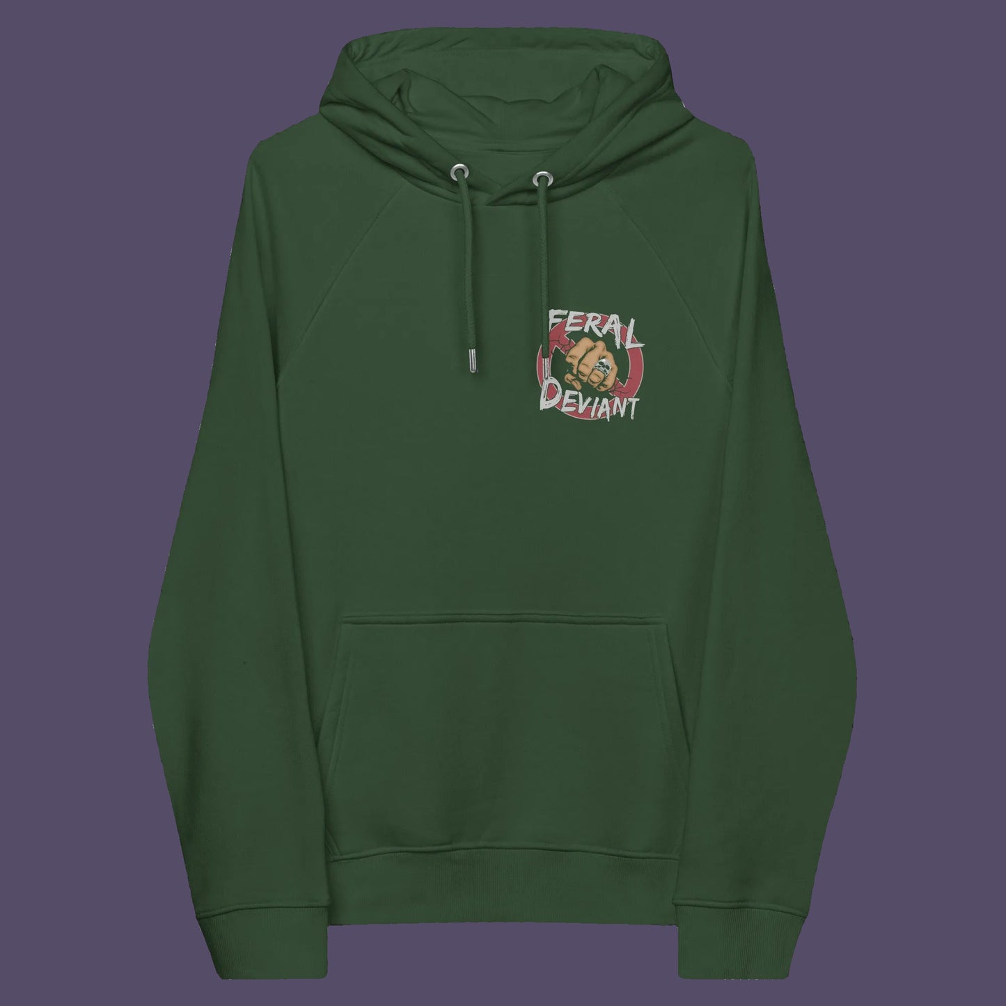 Bottle green hoodie front. A non conformist hoodie for people who think boundaries stifle creativity, and rules are only guidelines. This alternative, anti establishment hoodie is perfect for any demonstration or protest march of your choice. Comfortable and practical. It's extra soft and has a convenient front pouch pocket. Made from organic cotton and recycled polyester, this street art inspired hoodie is a great eco-friendly choice.