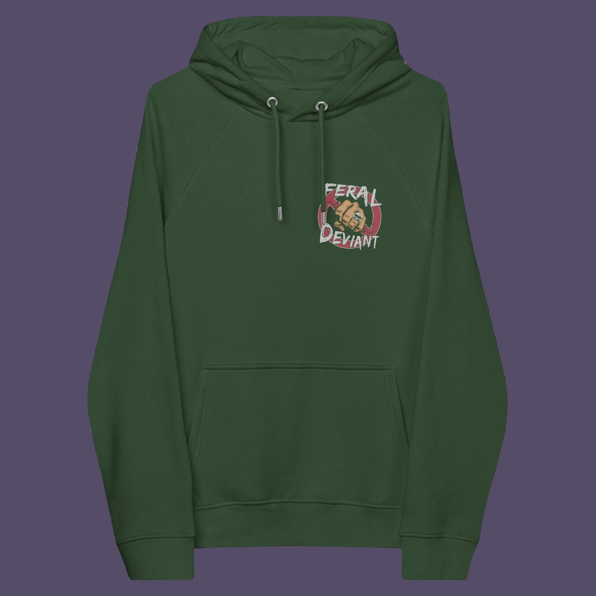 Bottle green hoodie front. A non conformist hoodie for people who think boundaries stifle creativity, and rules are only guidelines. This alternative, anti establishment hoodie is perfect for any demonstration or protest march of your choice. Comfortable and practical. It's extra soft and has a convenient front pouch pocket. Made from organic cotton and recycled polyester, this street art inspired hoodie is a great eco-friendly choice.