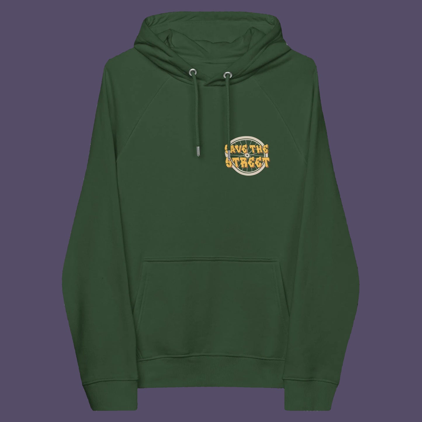 Bottle green hoodie front. This street art inspired hoodie design represents inner city street life as a culture of it's own. There is a ground level reality mixed with trustworthy honestly at street level in towns and cities across the planet. Wherever you are in the world, may the street be with you. Comfortable and practical. It's extra soft and has a convenient front pouch pocket. Made from organic cotton and recycled polyester, this street art hoodie is a great eco-friendly choice.