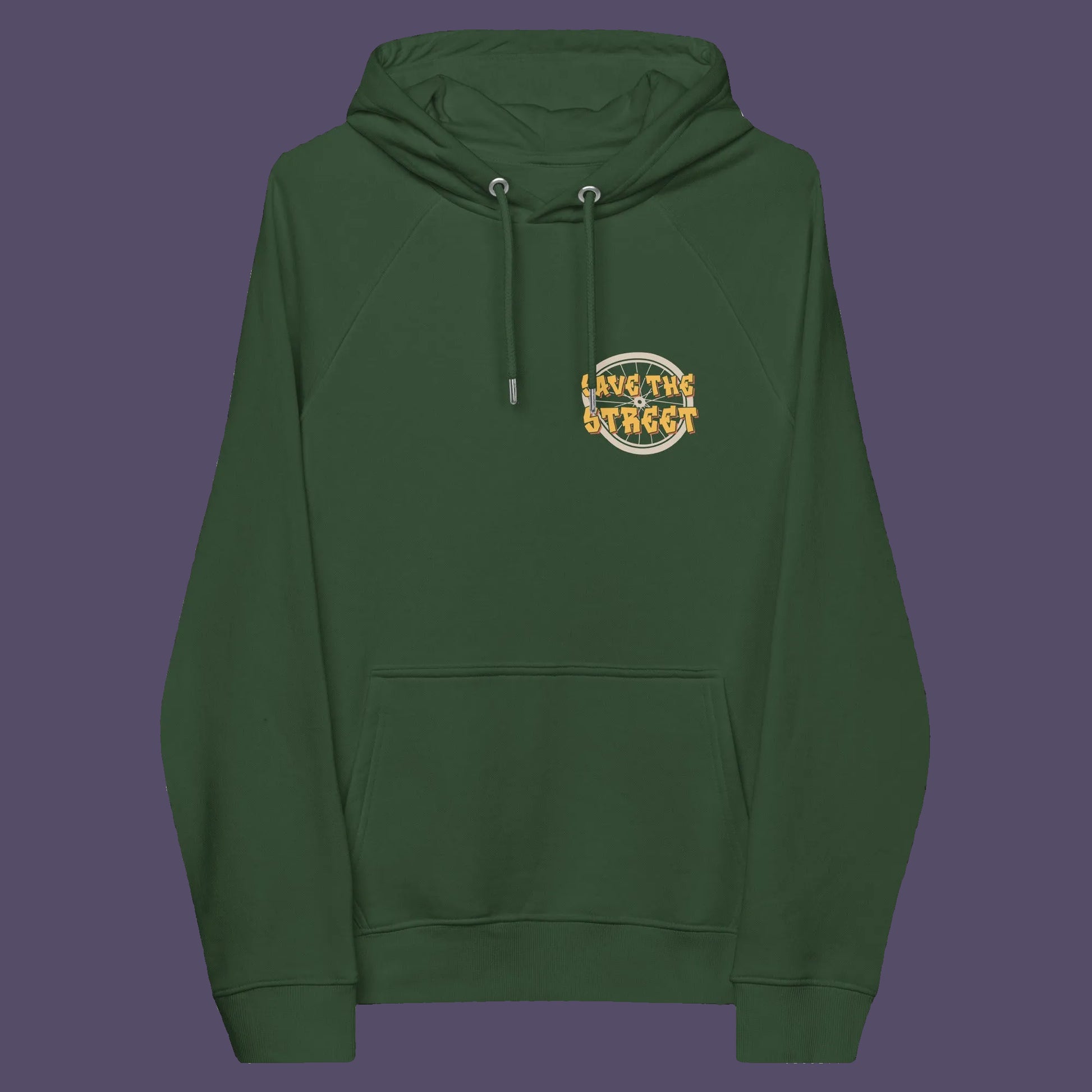 Bottle green hoodie front. This street art inspired hoodie design represents inner city street life as a culture of it's own. There is a ground level reality mixed with trustworthy honestly at street level in towns and cities across the planet. Wherever you are in the world, may the street be with you. Comfortable and practical. It's extra soft and has a convenient front pouch pocket. Made from organic cotton and recycled polyester, this street art hoodie is a great eco-friendly choice.