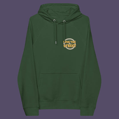 Bottle green hoodie front. This street art inspired hoodie design represents inner city street life as a culture of it's own. There is a ground level reality mixed with trustworthy honestly at street level in towns and cities across the planet. Wherever you are in the world, may the street be with you. Comfortable and practical. It's extra soft and has a convenient front pouch pocket. Made from organic cotton and recycled polyester, this street art hoodie is a great eco-friendly choice.