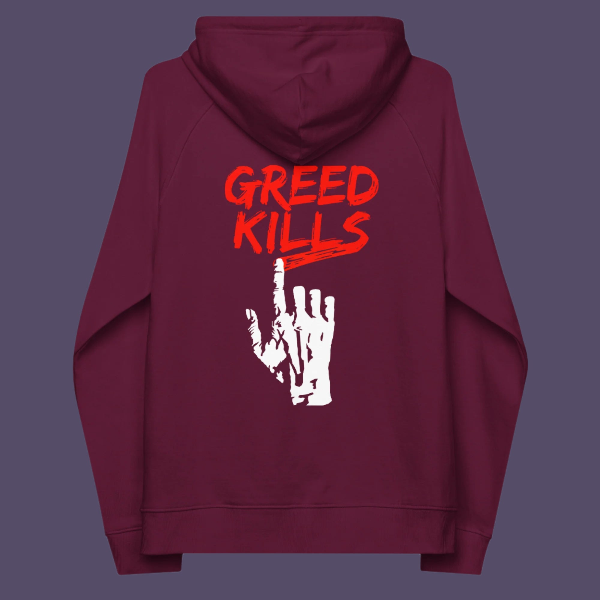 Greed, the slow-creeping, strong-holding virus that has been with us since the beginning of time, yet we still can't find a cure. Comfortable and practical. It's extra soft and has a convenient front pouch pocket. Made from organic cotton and recycled polyester, this social awareness hoodie is a great eco-friendly choice.