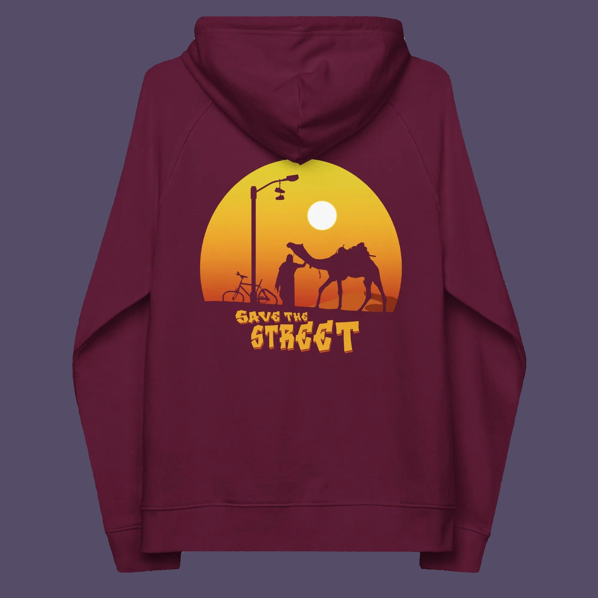 Burgundy hoodie back. This street art inspired hoodie design represents inner city street life as a culture of it's own. There is a ground level reality mixed with trustworthy honestly at street level in towns and cities across the planet. Wherever you are in the world, may the street be with you. Comfortable and practical. It's extra soft and has a convenient front pouch pocket. Made from organic cotton and recycled polyester, this street art hoodie is a great eco-friendly choice.