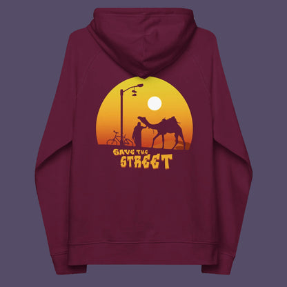 Burgundy hoodie back. This street art inspired hoodie design represents inner city street life as a culture of it's own. There is a ground level reality mixed with trustworthy honestly at street level in towns and cities across the planet. Wherever you are in the world, may the street be with you. Comfortable and practical. It's extra soft and has a convenient front pouch pocket. Made from organic cotton and recycled polyester, this street art hoodie is a great eco-friendly choice.