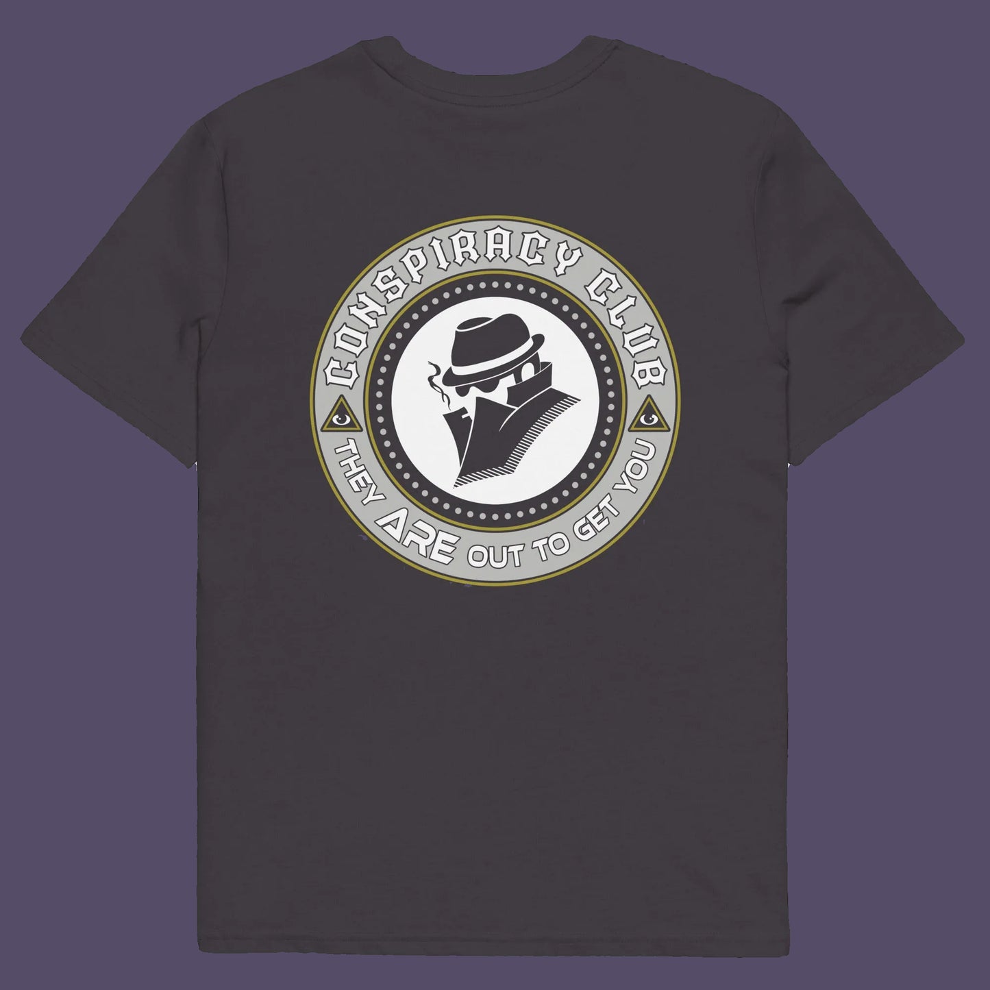 Anthracite t shirt back. A conspiracy theorist t shirt. These days there's a conspiracy theory for every occasion, join the club, expand your alternative imagination. Think outside the box. Underground art on apparel. Made from 100% organic ring-spun cotton, these conspiracy theory t shirts are unisex, high-quality, super comfy, and best of all, eco-friendly.