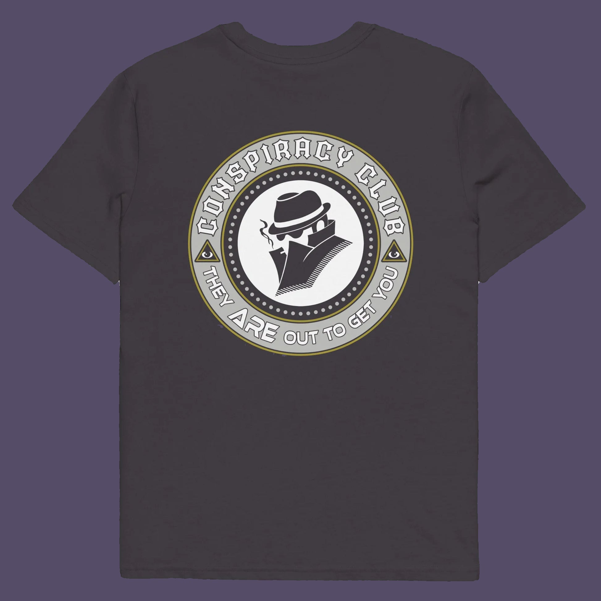 Anthracite t shirt back. A conspiracy theorist t shirt. These days there's a conspiracy theory for every occasion, join the club, expand your alternative imagination. Think outside the box. Underground art on apparel. Made from 100% organic ring-spun cotton, these conspiracy theory t shirts are unisex, high-quality, super comfy, and best of all, eco-friendly.