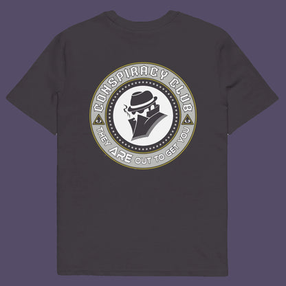 Anthracite t shirt back. A conspiracy theorist t shirt. These days there's a conspiracy theory for every occasion, join the club, expand your alternative imagination. Think outside the box. Underground art on apparel. Made from 100% organic ring-spun cotton, these conspiracy theory t shirts are unisex, high-quality, super comfy, and best of all, eco-friendly.