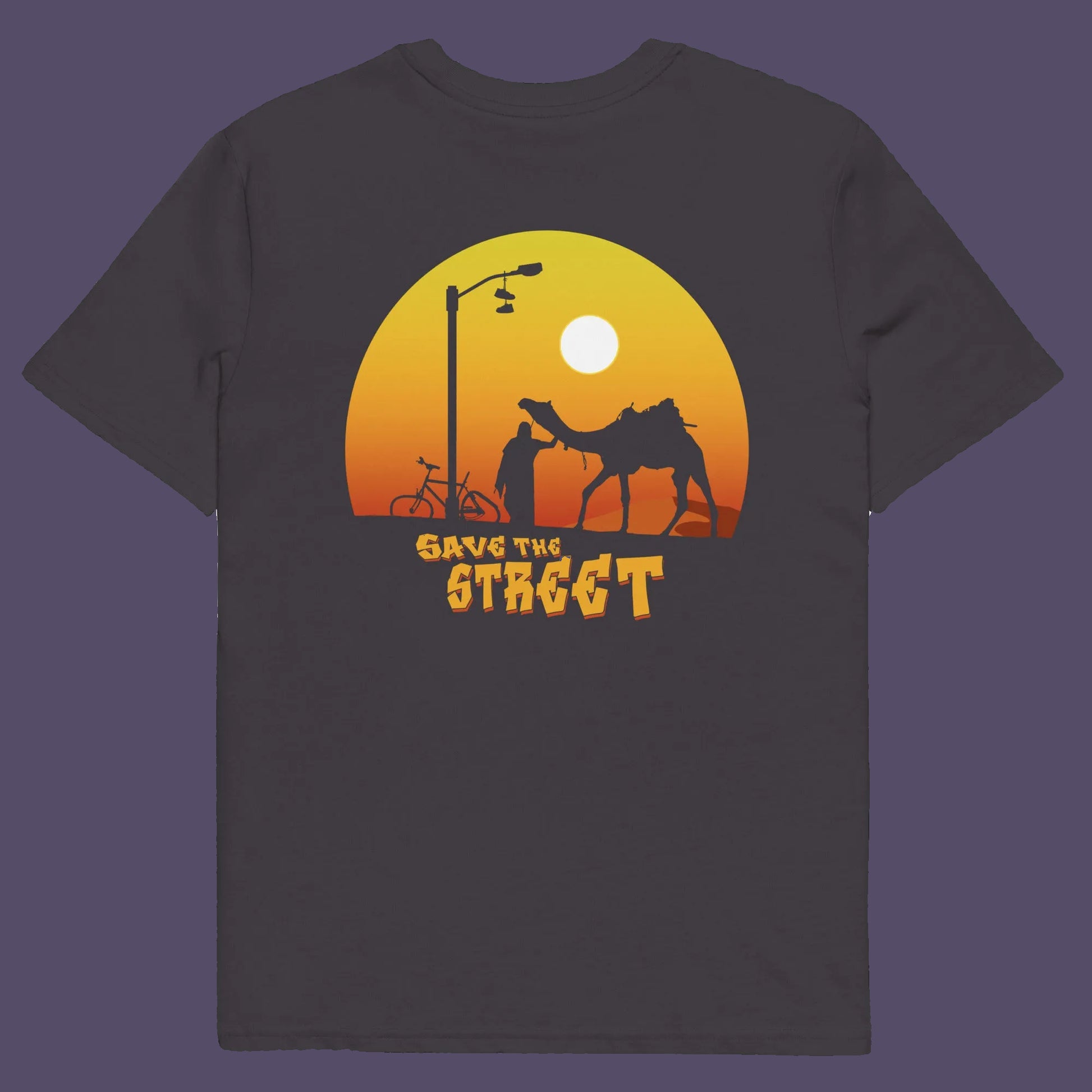 Anthracite t shirt back. This street art t shirt stencil represents inner city street life as a culture of it's own. There is a ground level reality mixed with trustworthy honestly at street level in towns and cities across the planet. Wherever you are in the world, may the street be with you. Made from 100% organic ring-spun cotton, this urban art t shirt is unisex, high-quality, super comfy, and best of all, eco-friendly.