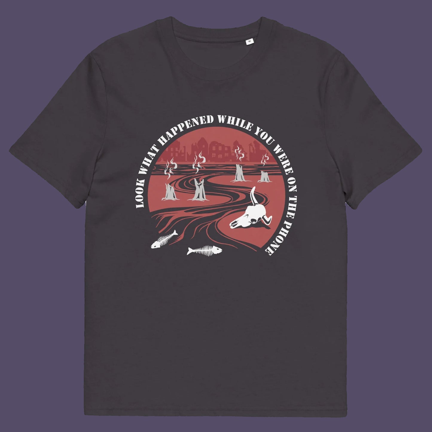 Anthracite t shirt. An anti mobile phone abuse theme mixed with a save the earth t shirt. This design is a harsh view of what's happening to the planet while people are distracted by their phones. Made from 100% organic ring-spun cotton, this save the planet t shirt is unisex, high quality, super comfy, and best of all, eco-friendly.