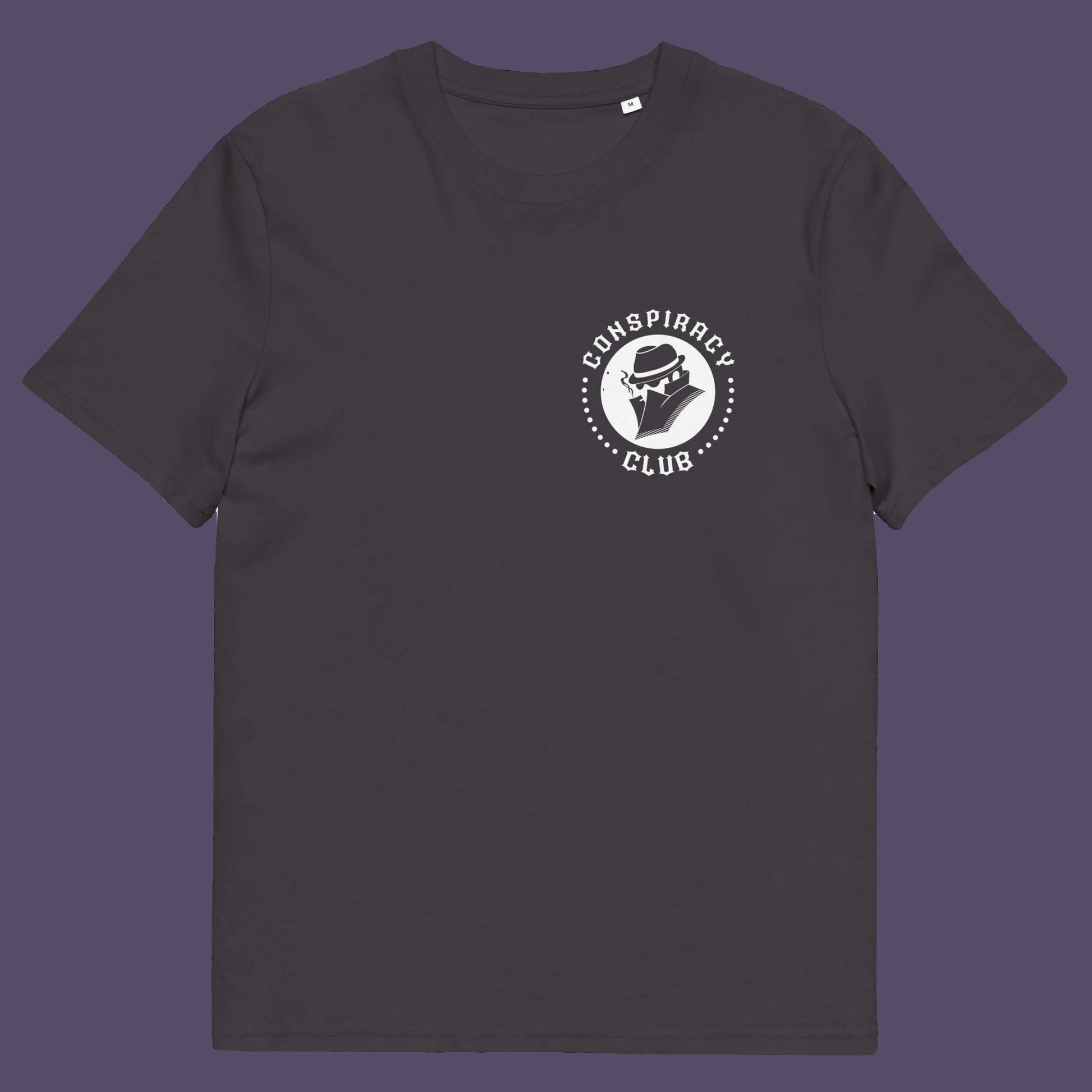 Anthracite t shirt front. A conspiracy theorist t shirt. These days there's a conspiracy theory for every occasion, join the club, expand your alternative imagination. Think outside the box. Underground art on apparel. Made from 100% organic ring-spun cotton, these conspiracy theory t shirts are unisex, high-quality, super comfy, and best of all, eco-friendly.