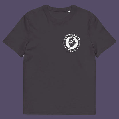 Anthracite t shirt front. A conspiracy theorist t shirt. These days there's a conspiracy theory for every occasion, join the club, expand your alternative imagination. Think outside the box. Underground art on apparel. Made from 100% organic ring-spun cotton, these conspiracy theory t shirts are unisex, high-quality, super comfy, and best of all, eco-friendly.