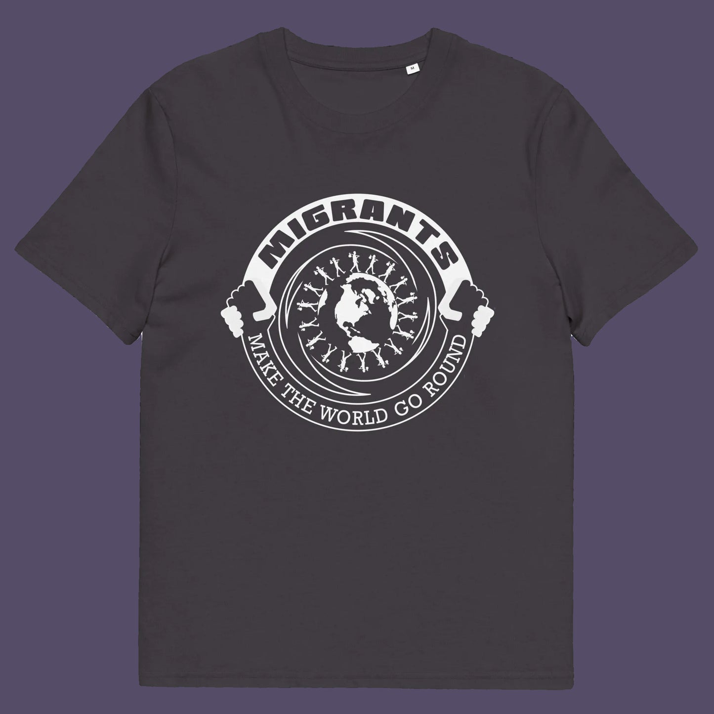 Anthracite t shirt. An anti racism t shirt showing support for migrants. If you believe that migrants help keep the gene pool fresh and encourage culture growth, or just believe there should be no borders, this migrant rights t shirt is for you. Made from 100% organic ring-spun cotton, this anti racism t shirt is unisex, high-quality, super comfy, and best of all, eco-friendly.